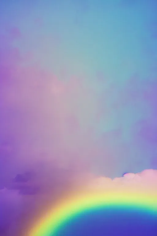 Image similar to high quality pastel coloured film photograph of a model wearing clothing resting on cloud furniture on clouds in a haze filled dreamstate world. three point light, rainbow. photographic production. art directed. pastel colours. volumetric clouds. pastel gradient overlay. waves glitch artefacts. 8 k. filmic.