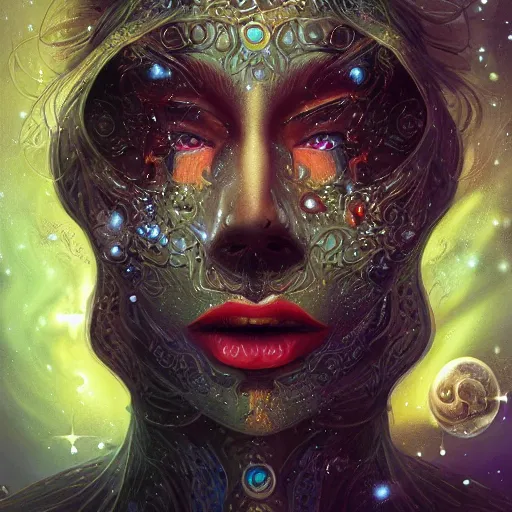 Image similar to Very very very very highly detailed mystic, enigmatic, strange portrait with galaxy, roses, shark's teeth, intricate, extremely detailed, digital painting, artstation, concept art, smooth, sharp focus, illustration, intimidating lighting, incredible art,
