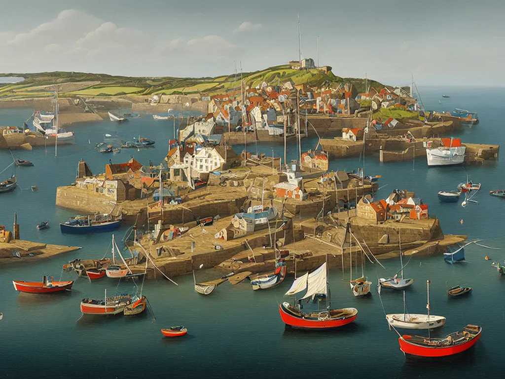 Prompt: a detailed gouache painting illustration of a typical English coastal fishing harbor, by Michiel Schrijver, ultra-hd, sharp focus, isometric