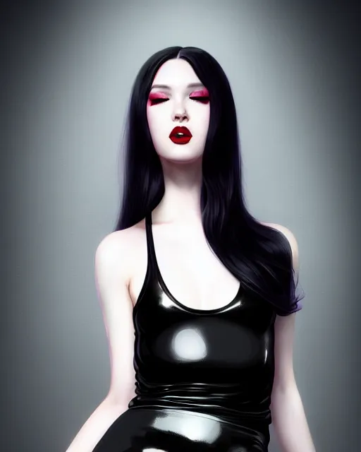 Prompt: a full body portrait of pale skin goth in shiny latex mini skirt and shiny latex tank top, long curvy black hair, red lips, pastel makeup, digital painting by ilya kuvshinov and ross tran and karol bak and stanley lau and anna dittmann and artgerm and xiaoguang sun and tian zi