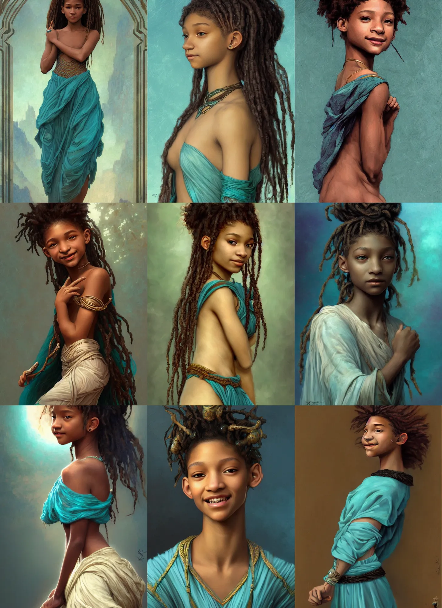 Prompt: willow smith zendaya, ancient libu young girl, smiling, teal skirt, beautiful bone structure, intricate, dark, highly detailed, digital painting, artstation, concept art, smooth, sharp focus, illustration, orientalism, bouguereau, mucha