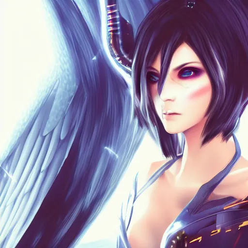 Prompt: digital cyberpunk - anime character - concept art gorgeous small female android cyborg - angel large angelic wings left eye gold right eye silver