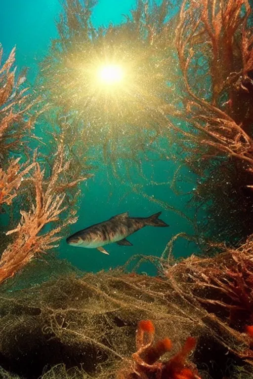 Image similar to beautiful photo of a cod swimming amongst kelp underwater in clear water with rays of sunshine