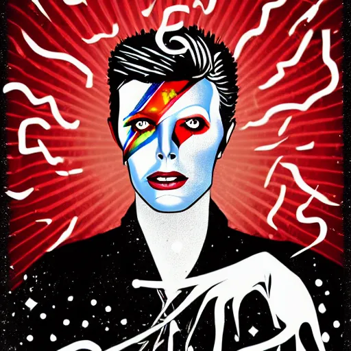 Image similar to a poster for a david bowie tribute dj - set at the indie club common people. alladin sane. illustrated and designed by annika backstrom