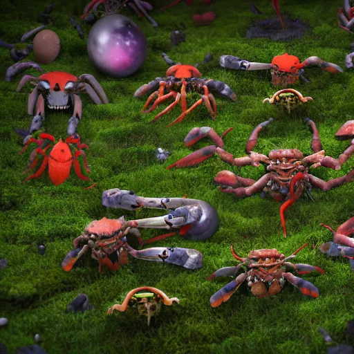 Prompt: voidless of the festival!, The Graveyard!!, large group of crabs and worms, crawling along a bed of moss, low poly, creeper world, handcrafted, artstation, hyperrealistic, hard light, best practices, creeptastic, photorealism, macro perspective, cuddly