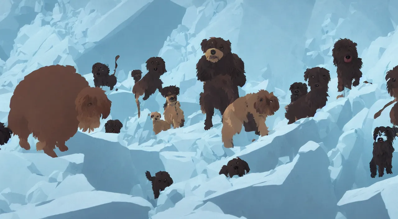 Image similar to havanese dogs rescuing arctic explorers at the edge of an ice cliff, 1 9 0 0, tartakovsky, atey ghailan, goro fujita, studio ghibli, rim light, scary, afternoon lighting, clear focus, very coherent