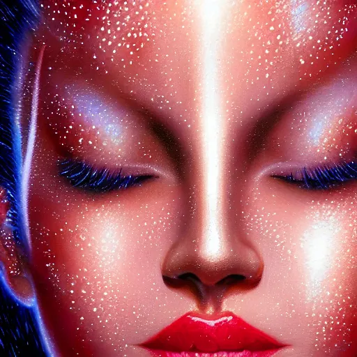 Image similar to closeup of sweating forehead, big drops of sweat, airbrush painting, forehead only, by Hajime Sorayama, symmetric face, beautiful face, highly realistic, star flares, trending on artstation, beautiful lighting, sharp, details, hyper-detailed, HD, HDR, 4K, 8K