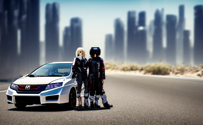 Image similar to photograph of a cell-shaded Honda EK9 Type-R with a lonely techwear woman , on a desert road with a futuristic city in the horizon, one point perspective, 1-point perspective, tilt shift, sigma 85mm f/1.4, 4k, depth of field, high resolution, 4k, 8k, hd, full color