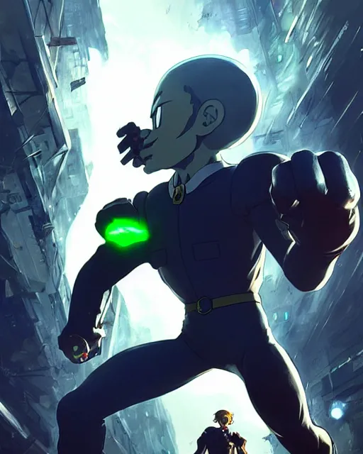 Image similar to gigachad luigi charging ultimate attack like one punch man wearing a suit in the city fighting a scifi mech, fantasy character portrait, ultra realistic, anime key visual, concept art, intricate details, highly detailed by greg rutkowski, ilya kuvshinov, gaston bussiere, craig mullins, simon bisley