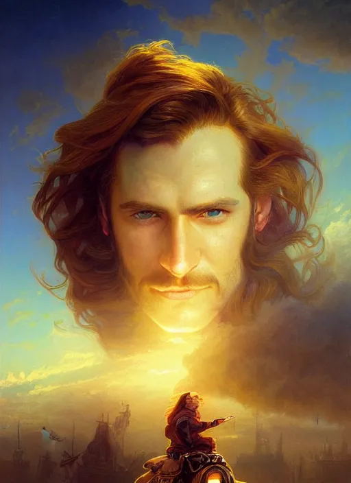 Image similar to portrait painting of a handsome face rugged long hair crimson hair male captain, top half portrait soft hair steampunk ornate mechanical zeppelin airship in the background sky sunset golden hour fantasy soft hair deviantart book cover art dramatic volumetric lighting art by wlop greg rutkowski gaston bussiere