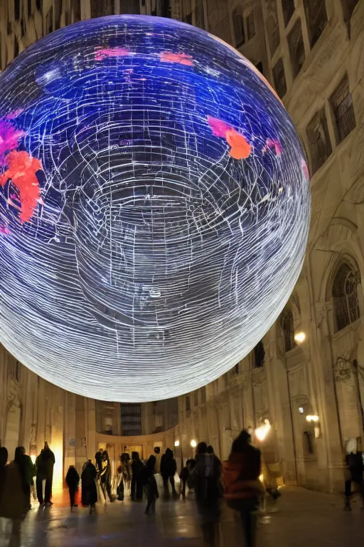 Image similar to public art installation about space and time. projected on big suspended sphere inside big and dark venue