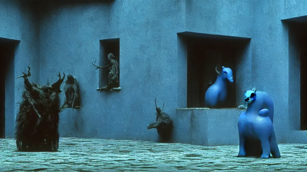 Image similar to the square creature in courtyard, made of blue liquid, surrounded by animals, film still from the movie directed by denis villeneuve and david cronenberg with art direction by salvador dali and zdzisław beksinski, wide lens