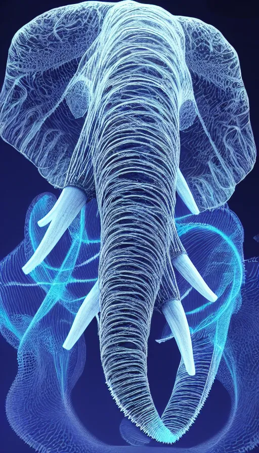 Image similar to 8K UHD Houdini Recursive structure, a fractal elephant, background bioluminescent swirling smoke wisps, natural gradient palette, volumetric lighting, 18 mm lens