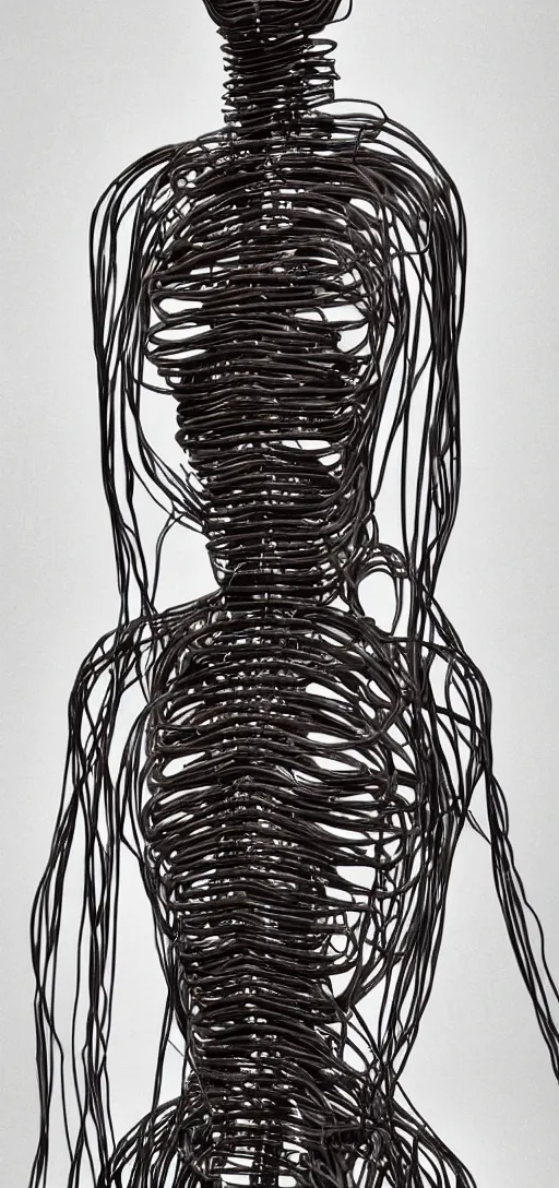 Image similar to human made out of wires and machinery, body horror, creepy, disturbing, dark,