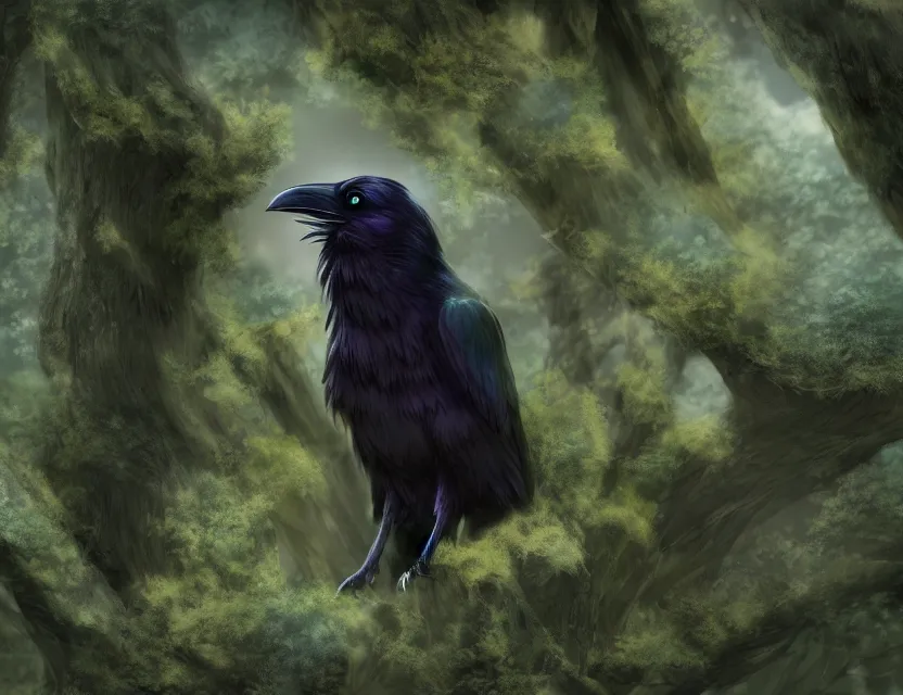 Prompt: female raven yokai in the lichen woods. safe for work, muted complementary colors, anime still, luminescent, 4 k, chiaroscuro, rimlight.