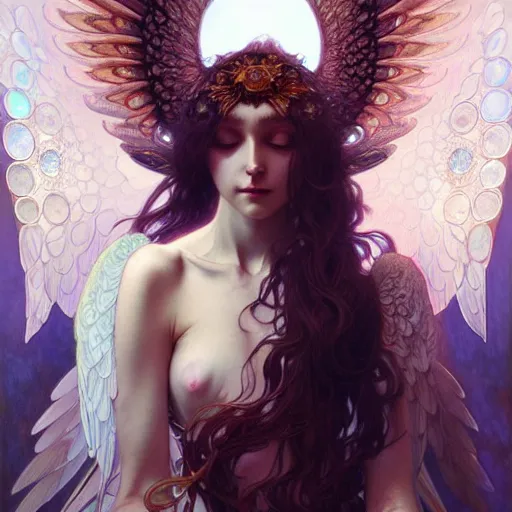 Prompt: iridescent seraphim covered with eyes and wings, photorealistic, fantasy, intricate, elegant, highly detailed, digital painting, artstation, concept art, smooth, sharp focus, illustration, art by Krenz Cushart and Artem Demura and alphonse mucha