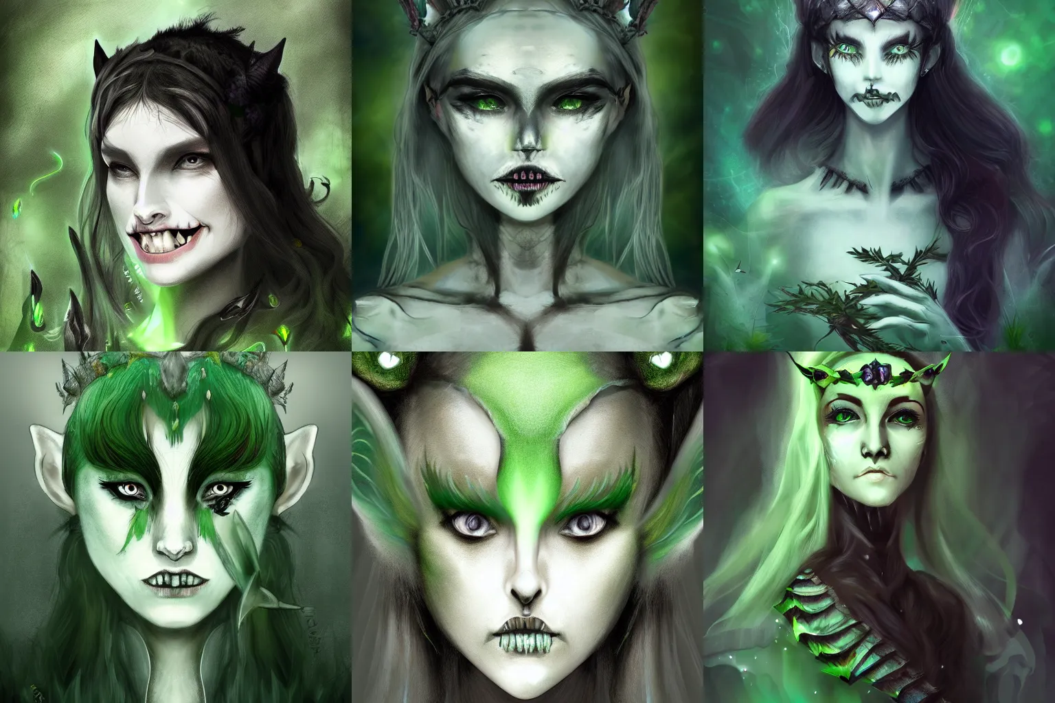 Prompt: A portrait of an eerie fairie queen | Smiling with sharp shark-like teeth | Pitch black eyes | Green plant-like hair | Silver circlet on brow | Trending on artstation