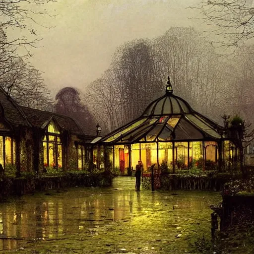 Prompt: a beautiful painting of a large overgrown victorian greenhouse with large windows, warm lights, evening, stunningly beautiful architecture, by john atkinson grimshaw