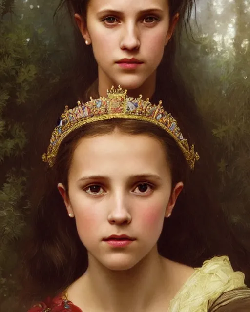 Image similar to a portrait painting of a shy, blushing 1 6 - year old alicia vikander or millie bobby brown as a princess with mouth open in awe, wearing tons of opal jewelry, intricate, elegant, highly detailed, artstation, concept art, by krenz cushart and donato giancola and william adolph bouguereau and alphonse mucha