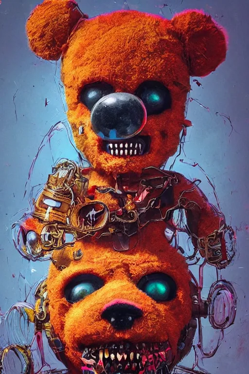 Prompt: portrait of a creepy horror monoxide teddy bear with mask . intricate abstract. intricate artwork. nightmare fuel. terrifying. by Tooth Wu, wlop, beeple, dan mumford , trending on artstation, greg rutkowski very coherent symmetrical artwork. cinematic, hyper realism, high detail, octane render, 8k, iridescent accents