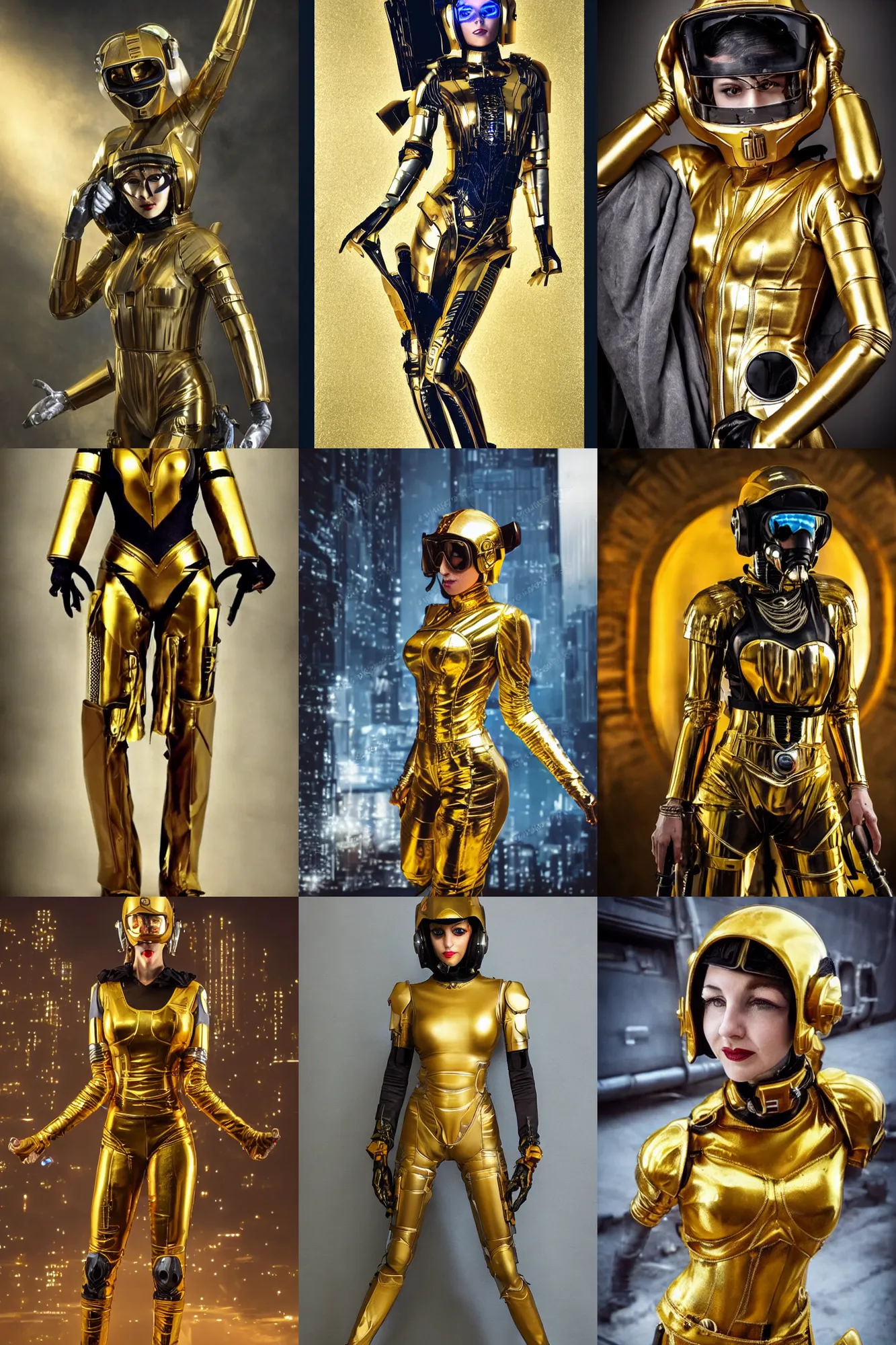 Prompt: beautiful photo of a golden armor pilot Art Deco cyberpunk woman