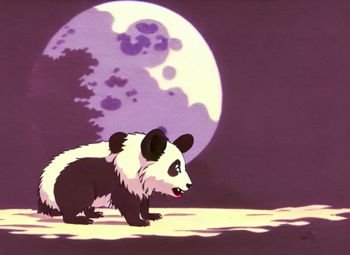 Prompt: a still from a studio ghibli movie of a cartoon panda demon from princess mononoke ( 1 9 9 7 ), in front of a pale full moon, full body, wide shot, very dull muted colors, studio ghibli, highly detailed, deviantart, art by artgem