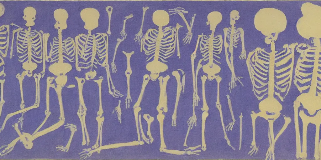 Prompt: Blueprint for a womens skeleton by Josef Albers and yves Klein, oil painting