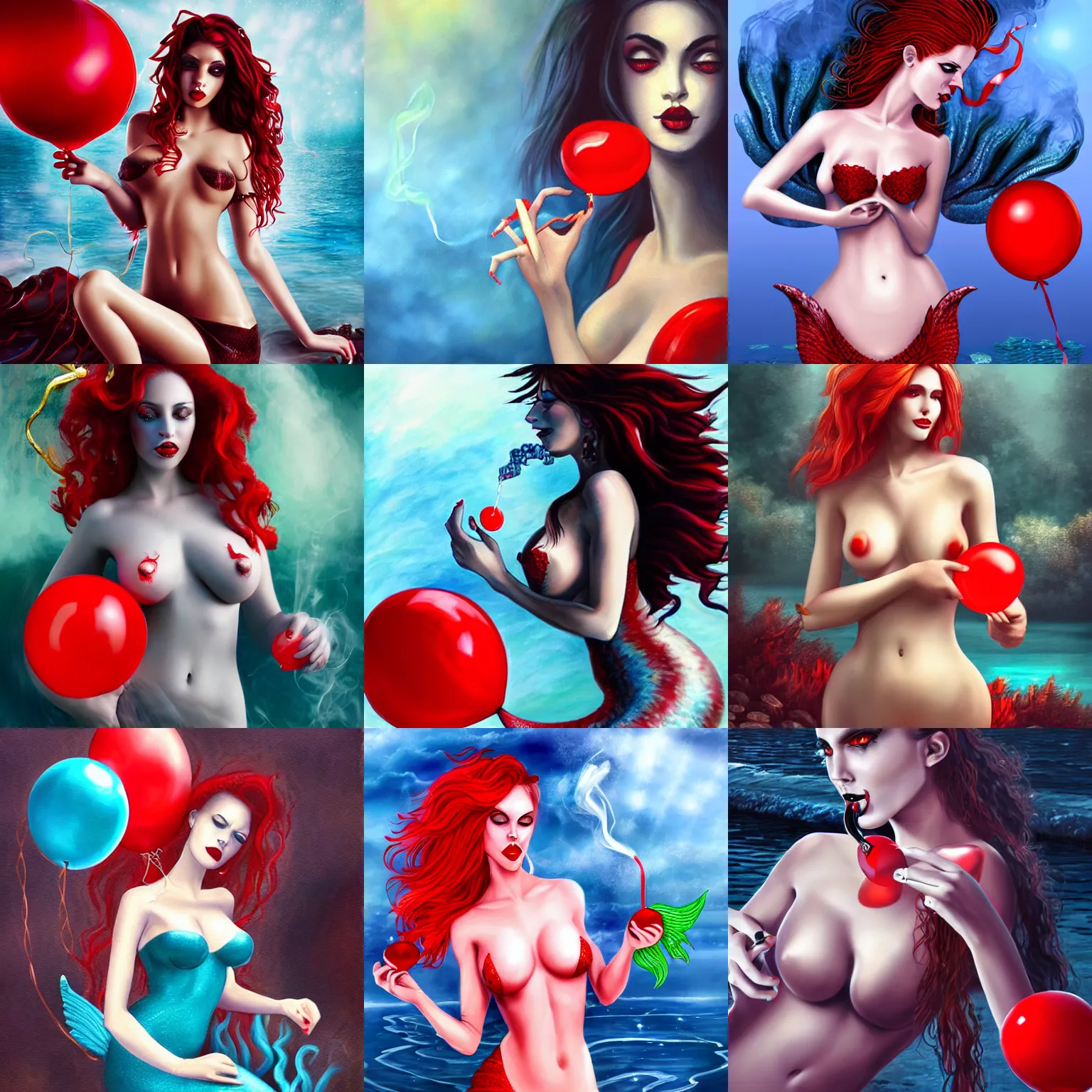 Prompt: A sexy demoness mermaid smoking and holding a red balloon, high quality photorealistic painting