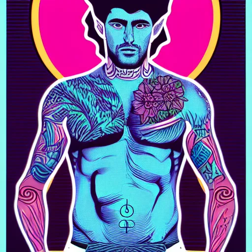 Image similar to a portrait of tattooed the beautiful greek god adonis, in retro colors, synthwave style, 2 d digital vector art