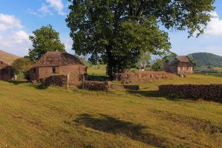 Prompt: wide shot of a rural countryside village in the style of carl valente