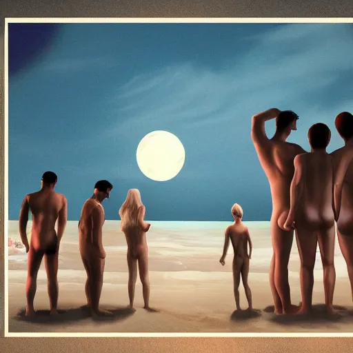 Prompt: five guys skinny dipping in the moonlight, trending on artstation