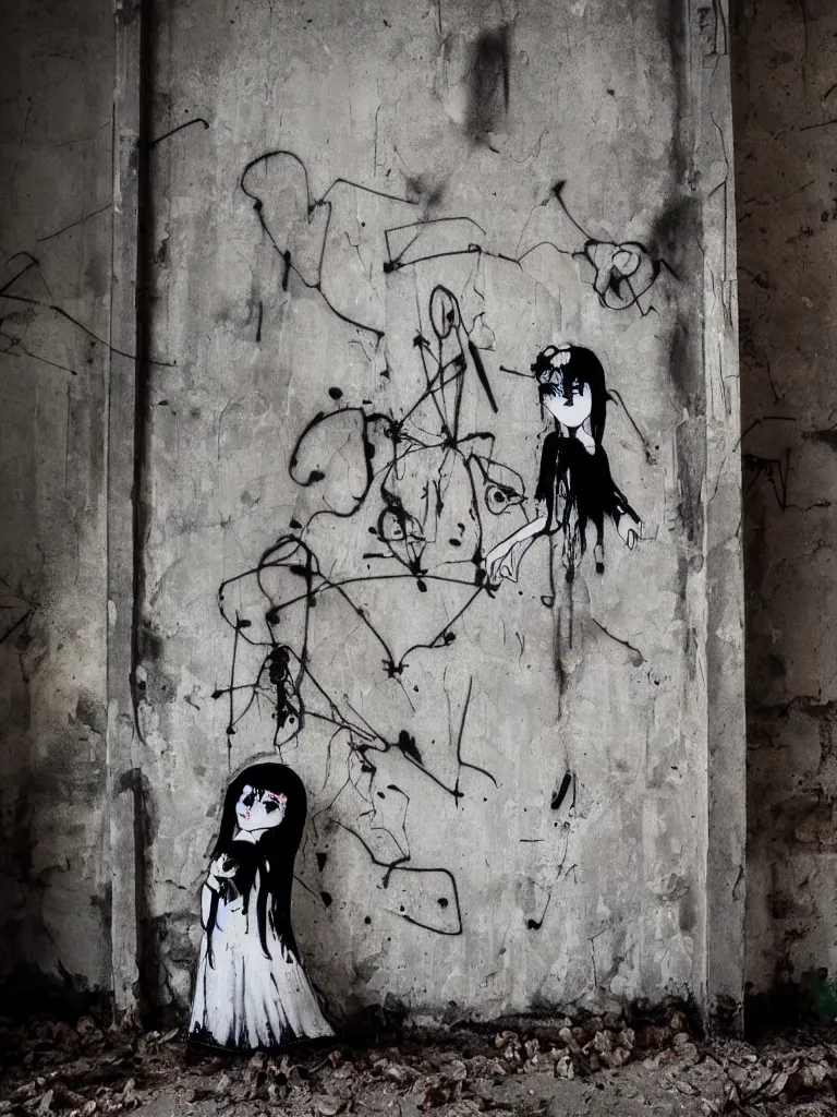 Prompt: graffiti in an abandoned church, cute fumo plush gothic black enigmatic maiden girl painted in spilt ink and washed watercolor, avant garde pop art, filmic, dust particles and sunbeam, captured on canon eos r 6