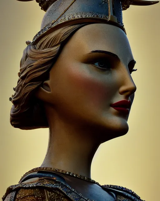 Image similar to highly detailed closeup, face profile portrait of a tin toy natalie portman as the staue of liberty, bikini, depth of field, nicoletta ceccoli, mark ryden, lostfish, max fleischer, breathtaking, detailed and intricate environment, 8 k resolution, hyperrealistic, octane render