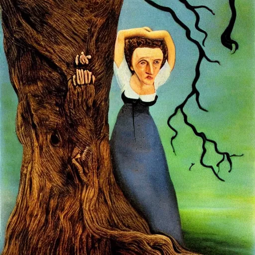 Image similar to Marie Curie hugging a tree by Salvador Dalí