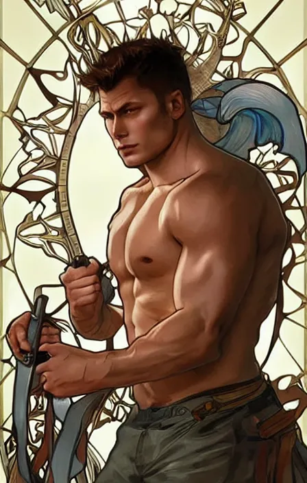 Image similar to pretty muscular dean winchester as a character in romance book art design, character concept, sharp focus!, ultra detailed, art by artgerm alphonse mucha, wlop