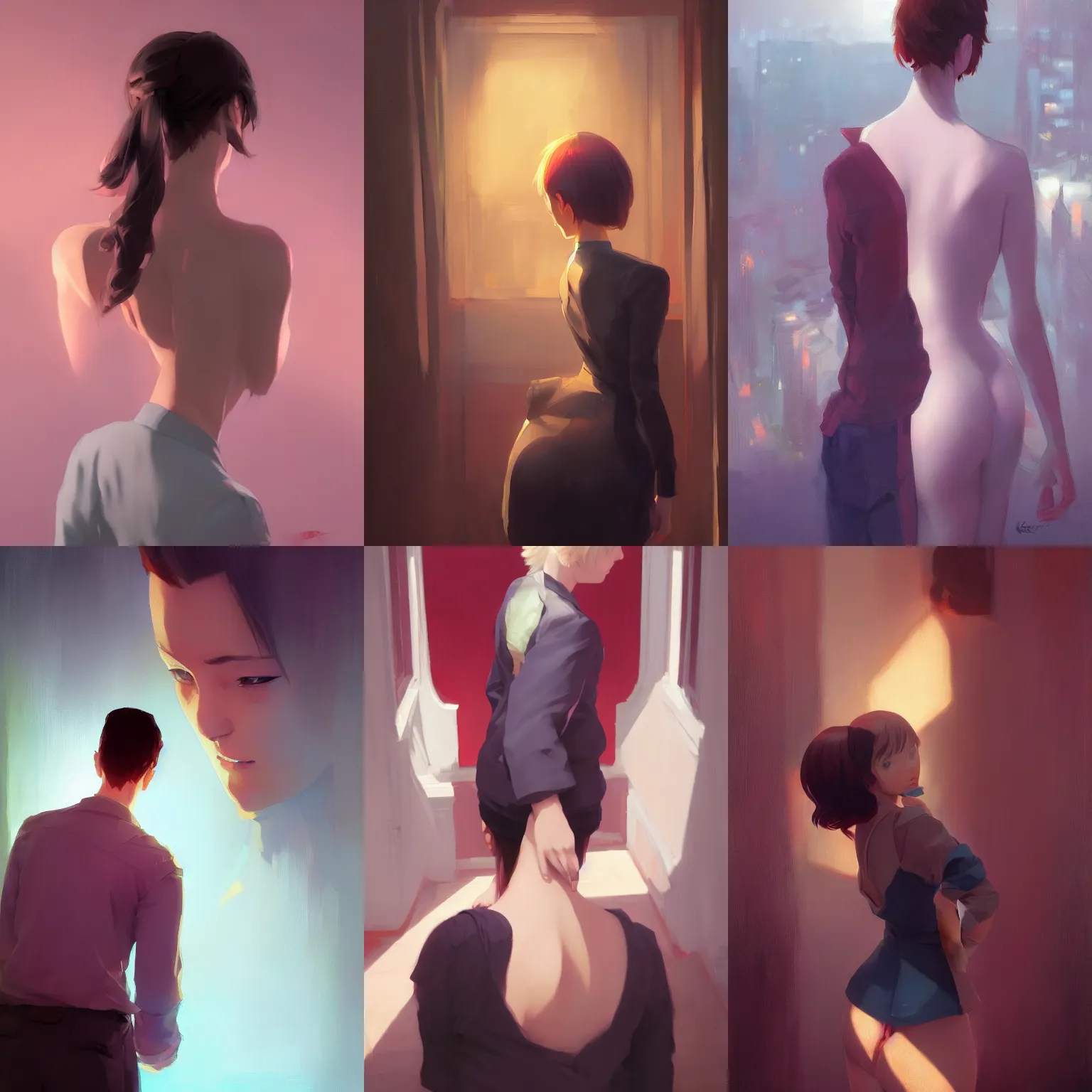 Prompt: a portrait of yor forger, a view from behind, spy x spy setting, vivid colors, soft lighting, atmospheric, cinematic, moody, in the style of ilya kuvshinov and range murata, krenz cushart, rule of thirds, oil on canvas, 8 k