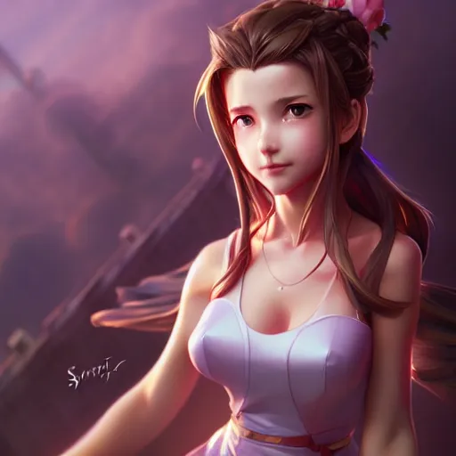 Prompt: aerith from final fantasy by Stanley Artgerm Lau, WLOP, Rossdraws, James Jean, Andrei Riabovitchev, Marc Simonetti, and Sakimichan, trending on artstation