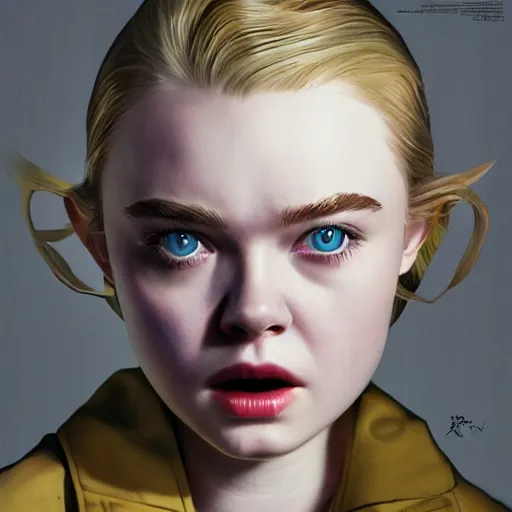 Prompt: a striking hyper real illustration of Elle Fanning in Fallout by Adam Adamowicz