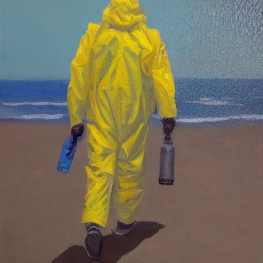 Image similar to a man in a hazmat walking on an abandoned beach, oil painting