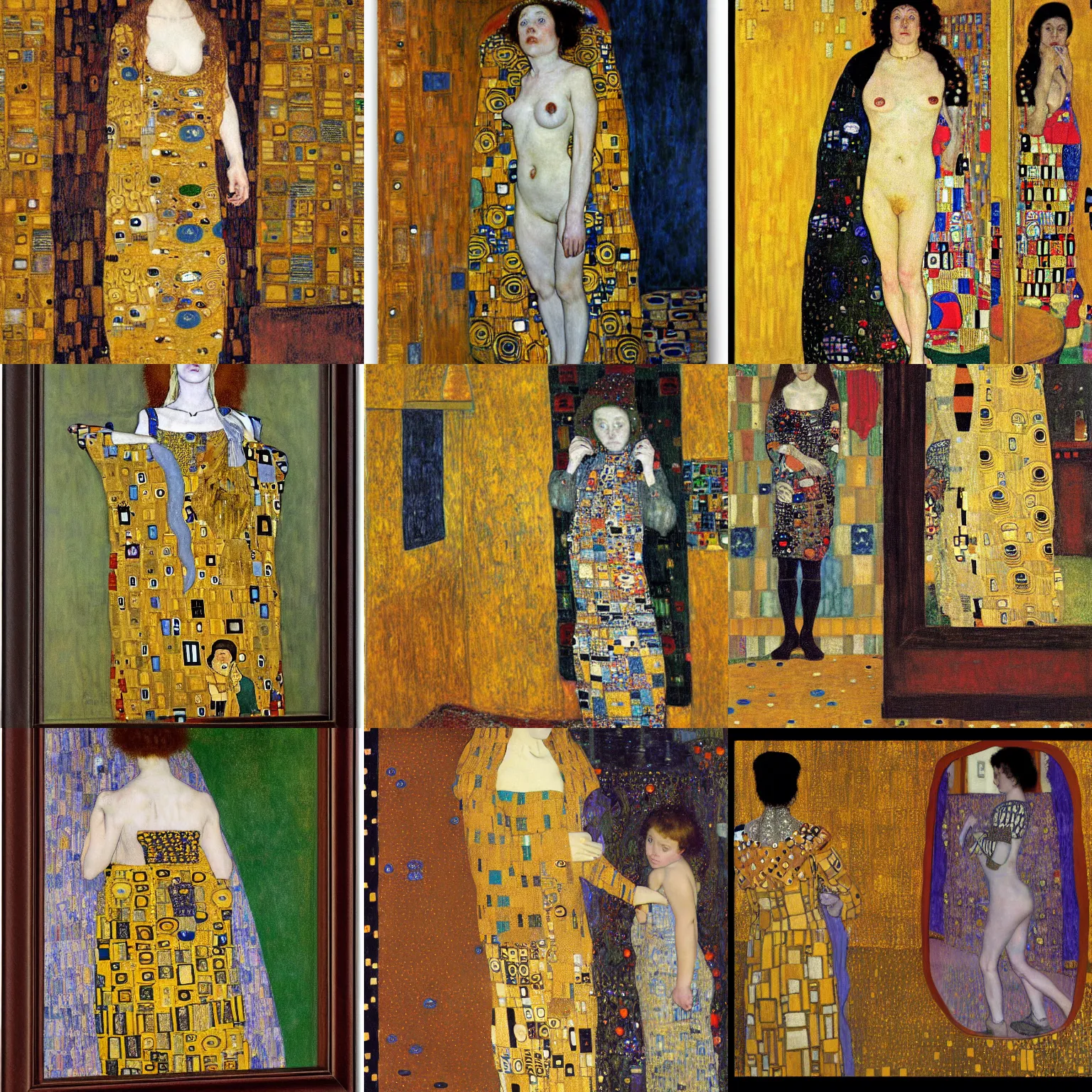 Prompt: A medieval woman looking in the mirror pulling her clothes, by gustav klimt