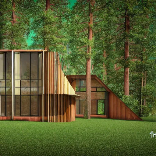 Prompt: a modern house in the woods. the house is the shape of a mobius strip with large picture windows. there are pine trees all around. digital art, 3 d render.