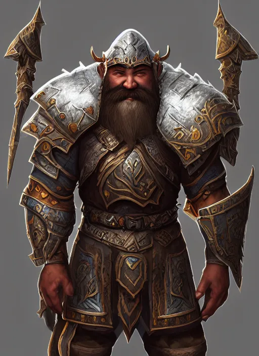 Image similar to detailed full body concept art illustration matte painting of a dwarven warrior with mongolian features in full mongolian armor, ultra detailed, digital art, octane render, 4K, cotw, world of warcraft, torchlight, exaggerated, simplified