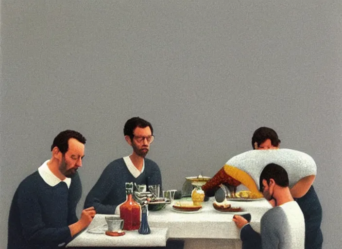 Prompt: a very boring dinner party, painting by quint buchholz, muted colors, gray, dull, boring, low energy