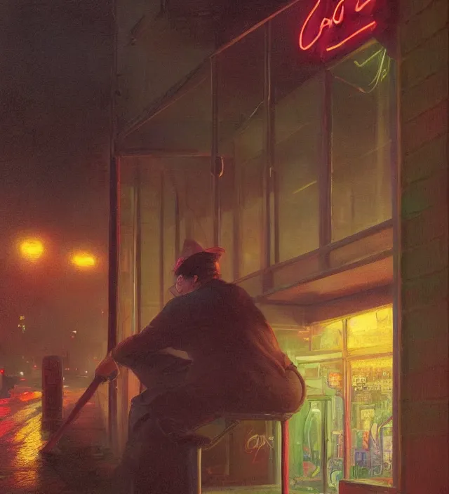 Image similar to foggy neon night, eric cartman leaning back against a wall smoking a cigarette outside a neon lit entrance, 1 9 7 0 s, intricate, moody, tasteful, intimate, highly detailed, short focus depth, artgerm, donato giancola, joseph christian leyendecker