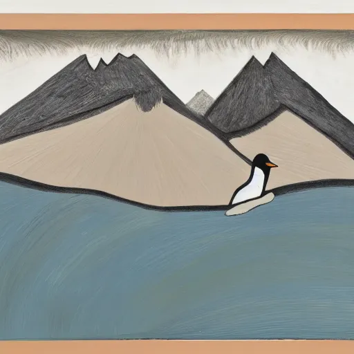 Prompt: a penguin over a mountain painted as picasso