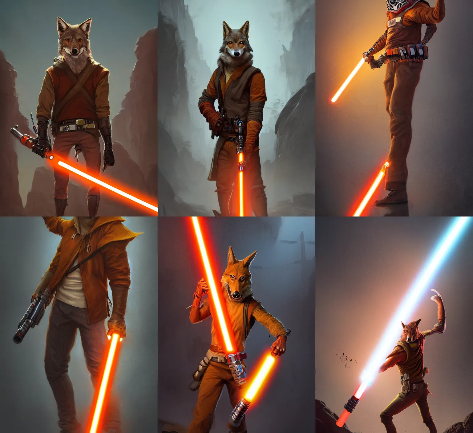 Prompt: portrait, anthropomorphic coyote Jedi wielding an orange lightsaber, dramatic lighting, cinematic, establishing shot, extremely high detail, photo realistic, post processed, artstation, matte painting, style by eddie mendoza, raphael lacoste, alex ross