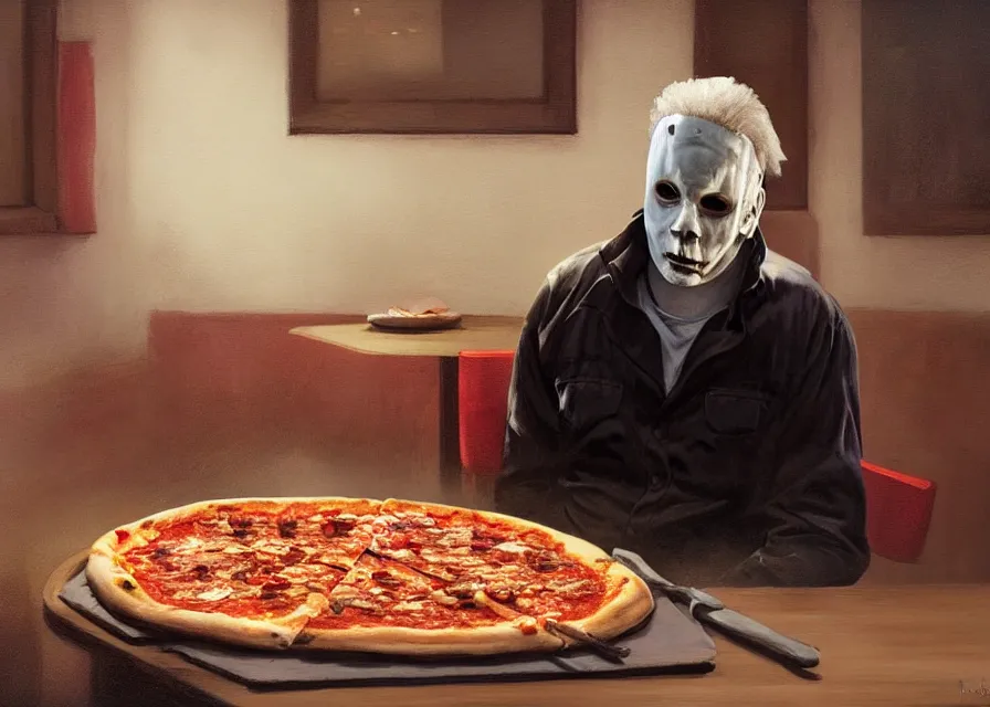 Prompt: painting of Michael Myers seated in a good restaurant eating a delicious pizza, well decorated, tables, happy, charming, typical, picturesque, sharp focus, wide shot, trending on ArtStation, masterpiece, by Greg Rutkowski, by Ross Tran, by Fenghua Zhong, octane, soft render, oil on canvas, colorful, cinematic, environmental concept art