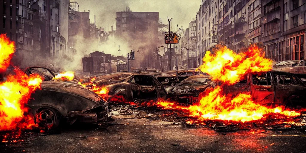 Image similar to post - apocalyptic kreuzberg streets, burned cars, explosions, colorful smoke, hyperrealistic, gritty, damaged, dark, urban photography, photorealistic, high details