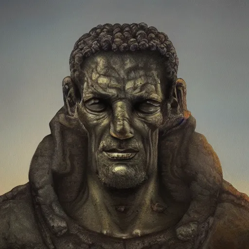 Image similar to highly detailed professional painting of ancient monumental alien bust in mountains trending on artstation, ultra detail, atmospheric lighting