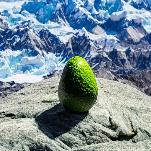 Prompt: an avocado chair is sitting on the peak of mount everest, clear focus, bokeh effect, high res, hasselblad, dslr